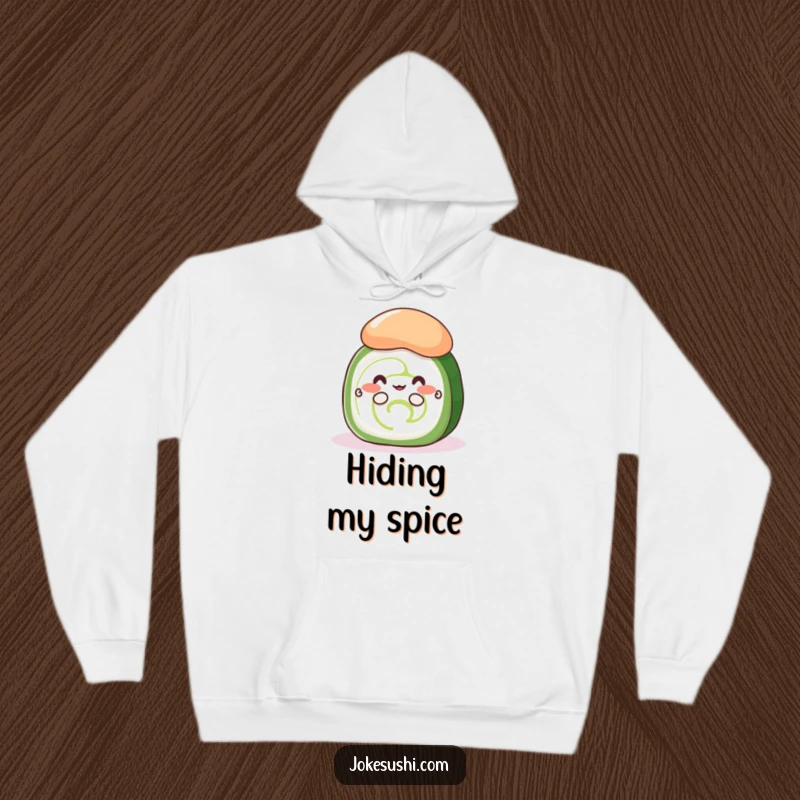 Funny shy cucumber roll hoodie featuring a cute sushi peeking with tiny hands from behind a large wasabi, cozy and amusing.