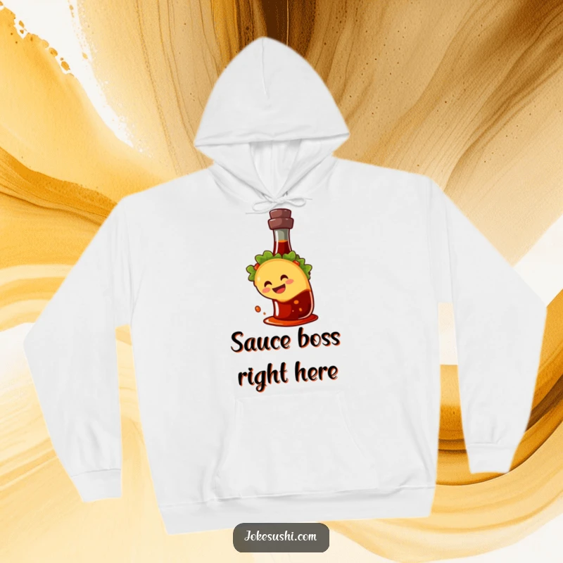 Funny hoodie depicting a grinning taco character in a comical slide down a soy sauce bottle, perfect for cozy laughter.