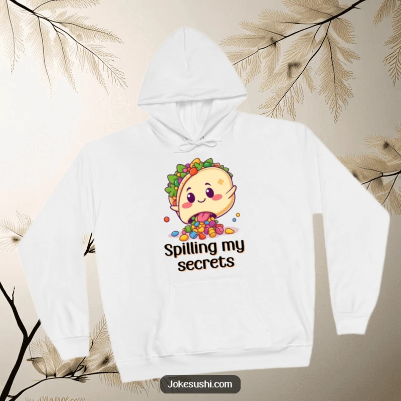 Funny hoodie featuring a kawaii taco character playfully tripping, spilling vibrant fillings with a surprised, happy grin, perfect for warmth.