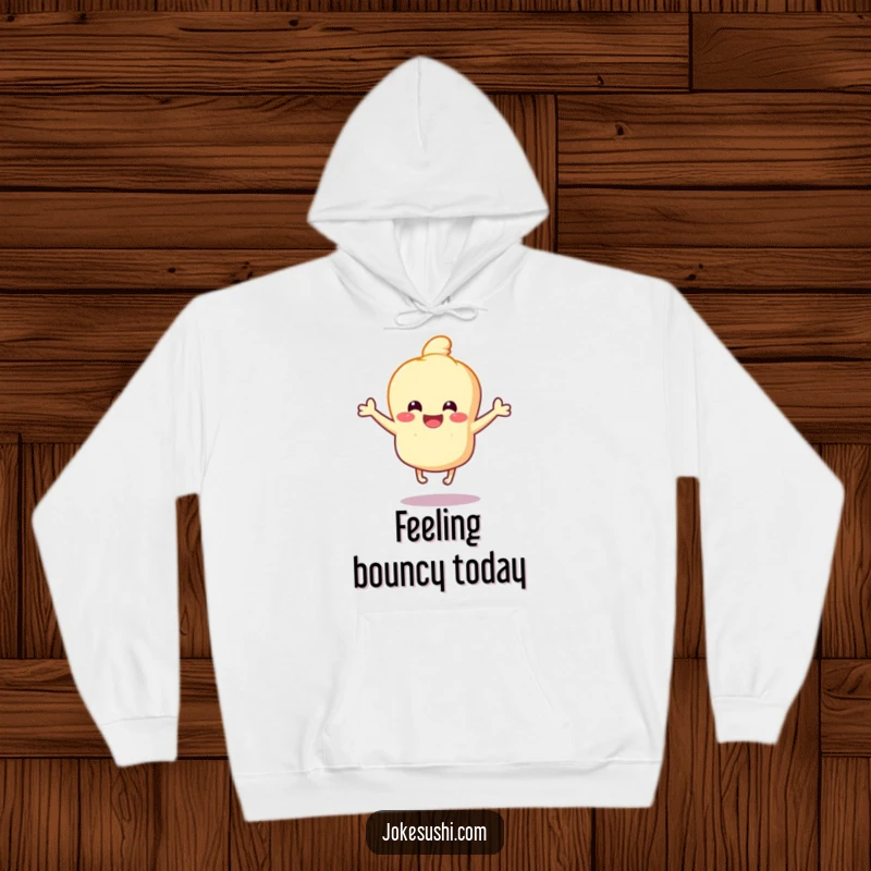 Funny Tempura Hoodie: Happy tempura character bouncing with joy on tiny legs, offering warmth and a touch of funny, cheerful energy.
