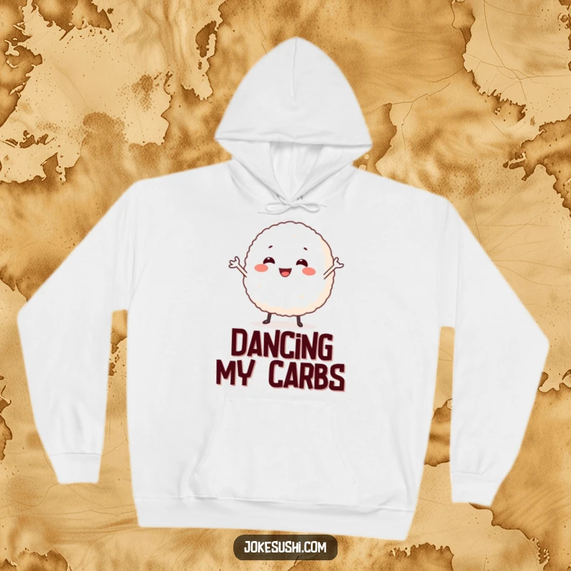 Funny hoodie with a smiling rice ball character in a playful, silly dance pose, offering warmth and whimsical charm.