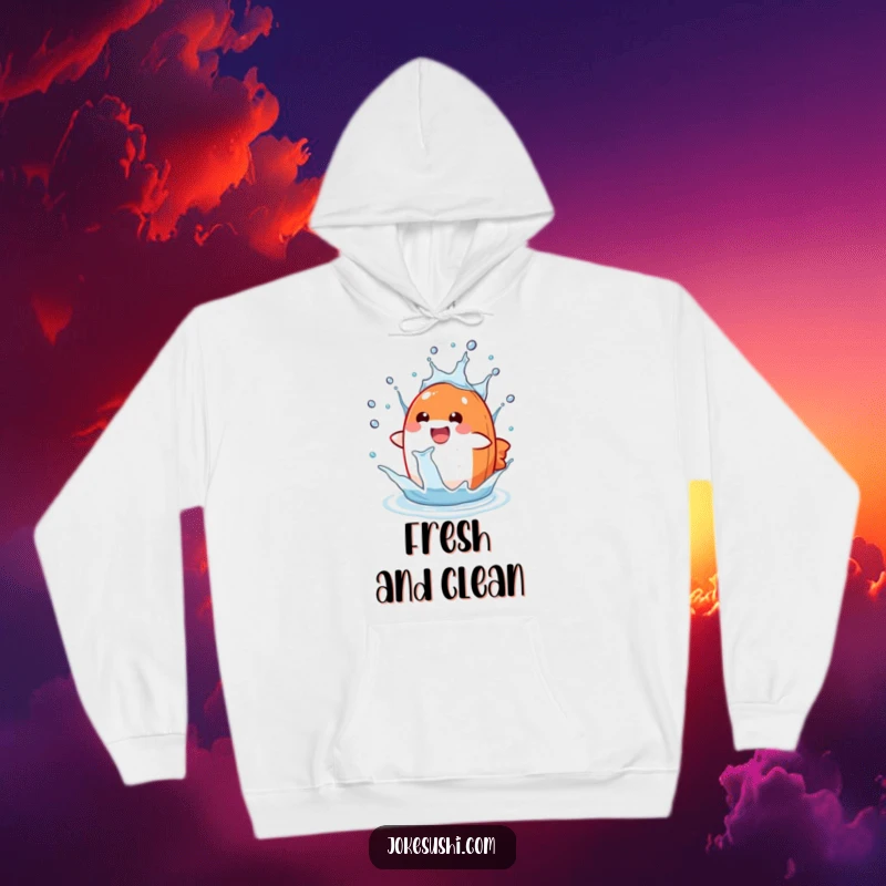 Funny salmon nigiri hoodie showing a delighted character splashing in a water drop, a warm and humorous gift.