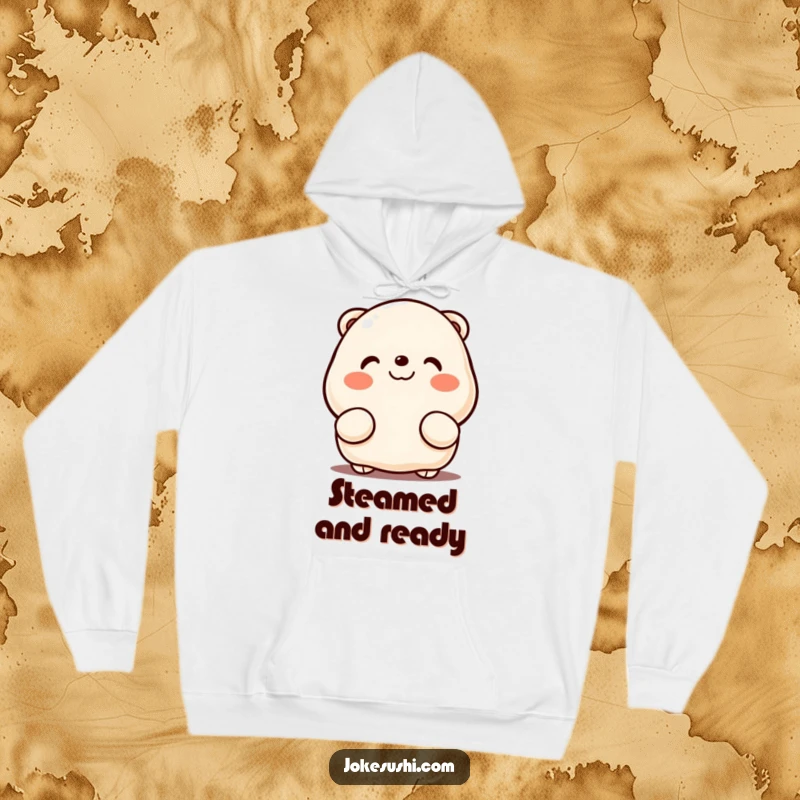 Funny hoodie with a cheerful, rosy-cheeked dumpling peeking from behind its hands, offering warmth and cute, humorous style.
