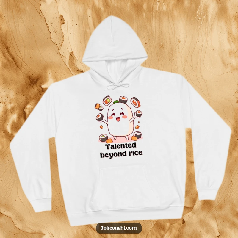 Funny hoodie design of a cheerful onigiri character dramatically juggling sushi pieces, bringing a sense of playful performance and culinary fun.