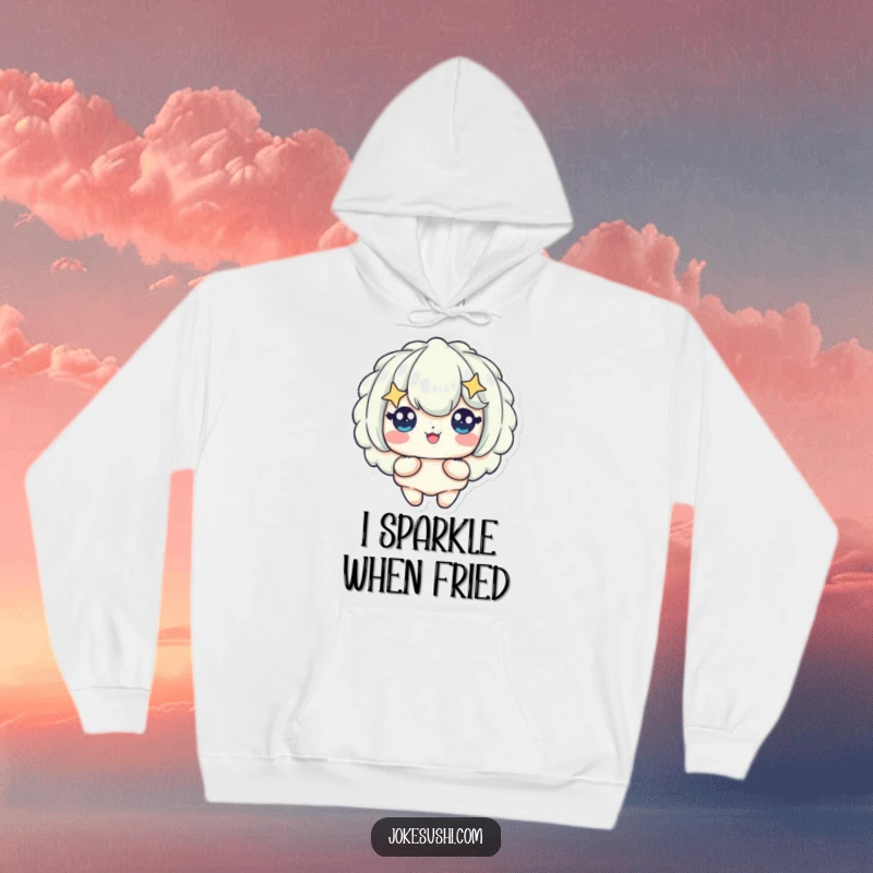 Funny hoodie design of a delightful tempura piece character with wide, twinkling starry eyes, radiating happiness and a love for food.