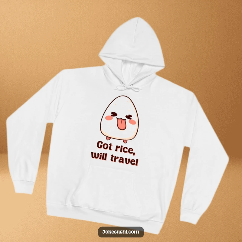 Funny onigiri hoodie featuring a mischievous rice ball character sticking its tongue out with a playful wink, ready for cozy fun.