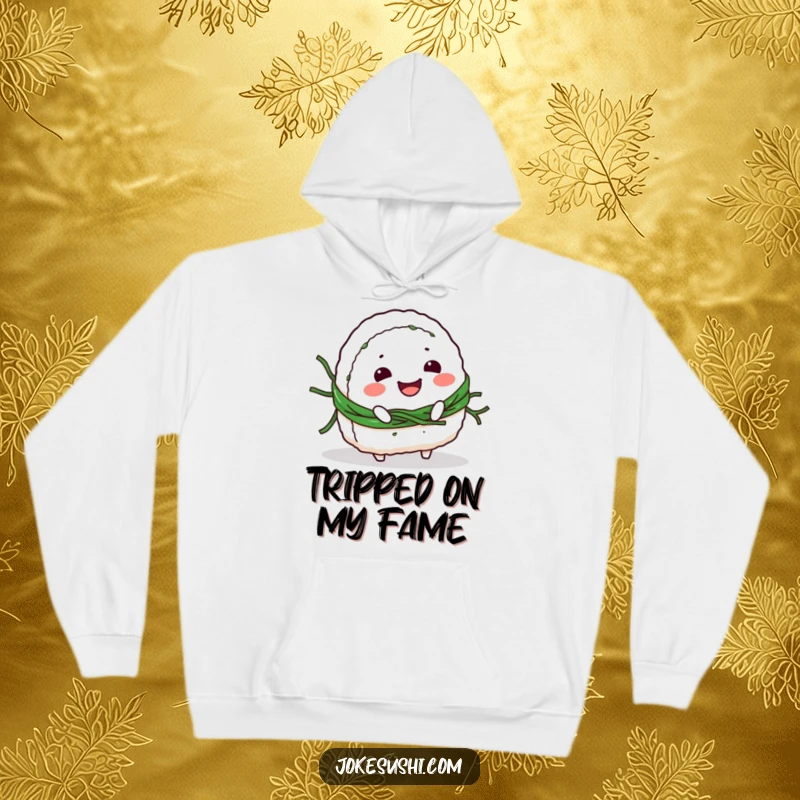 Funny Hoodie: Smiling onigiri character comically tripping over its seaweed belt, a warm and humorous addition to any wardrobe.