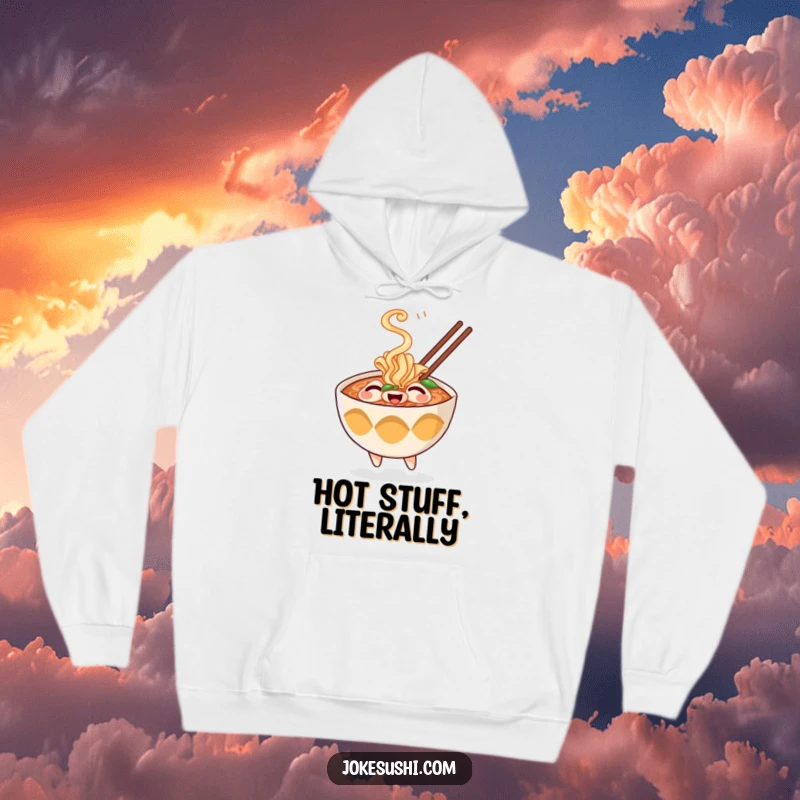 Funny hoodie with a cheerful ramen bowl character playfully puffing steam, embodying cozy warmth and whimsical charm.