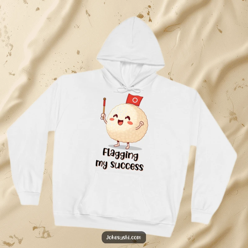 Funny Hoodie: An excited rice ball character waving a miniature flag, offering warmth and cheerful spirit.