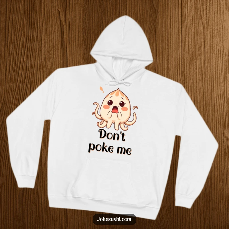 Funny surprised takoyaki character with its tentacles playfully tickled, featured on a cozy hoodie.