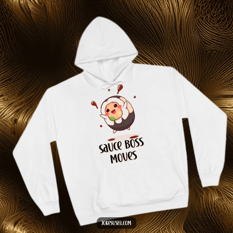 Funny Hoodie: Plump sushi roll character executing a cartwheel with soy sauce splashing, a cozy and humorous design for sushi enthusiasts.