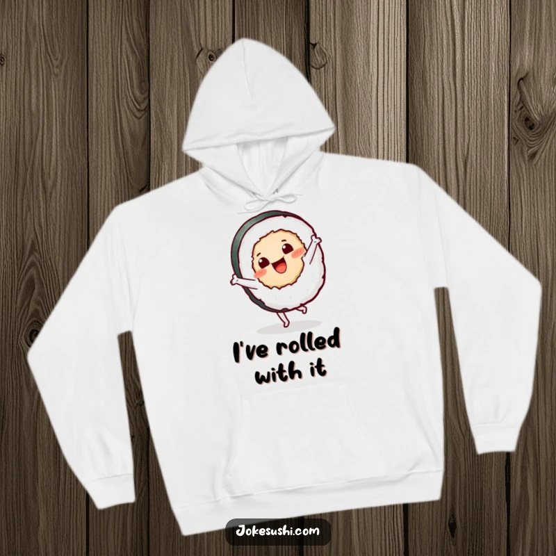 Funny sushi roll hoodie showing a cheerful character doing a cartwheel, a warm and humorous gift for sushi fans.