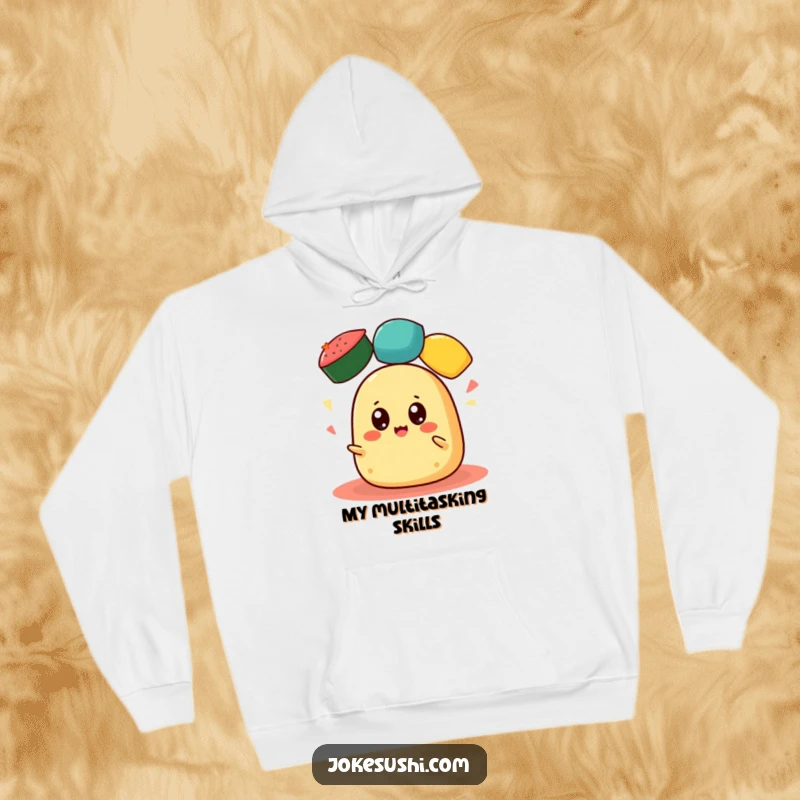 Funny Tamagoyaki Hoodie: A cheerful tamagoyaki with wide eyes juggles colorful roe, offering warm apparel filled with food-related humor.