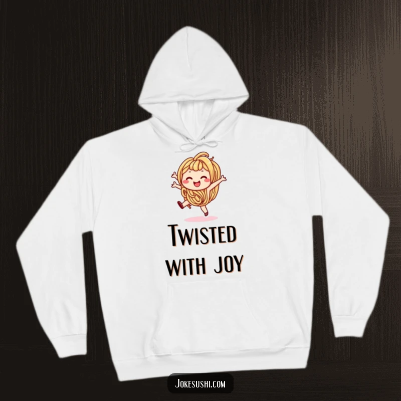 Funny hoodie featuring a smiling udon noodle character in a dynamic cartwheel pose, offering warmth and cheerful vibes.