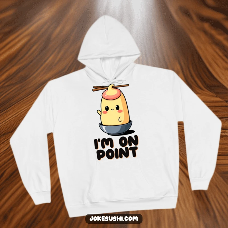Funny tamagoyaki hoodie featuring a cheerful character balancing chopsticks on its head, a warm and humorous gift.