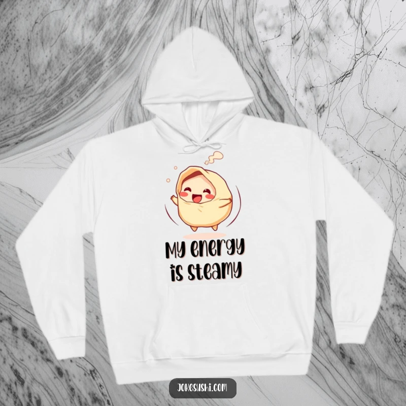 Funny hoodie depicting a giggling gyoza character doing a speedy spin with steam rising, symbolizing warmth and joy.