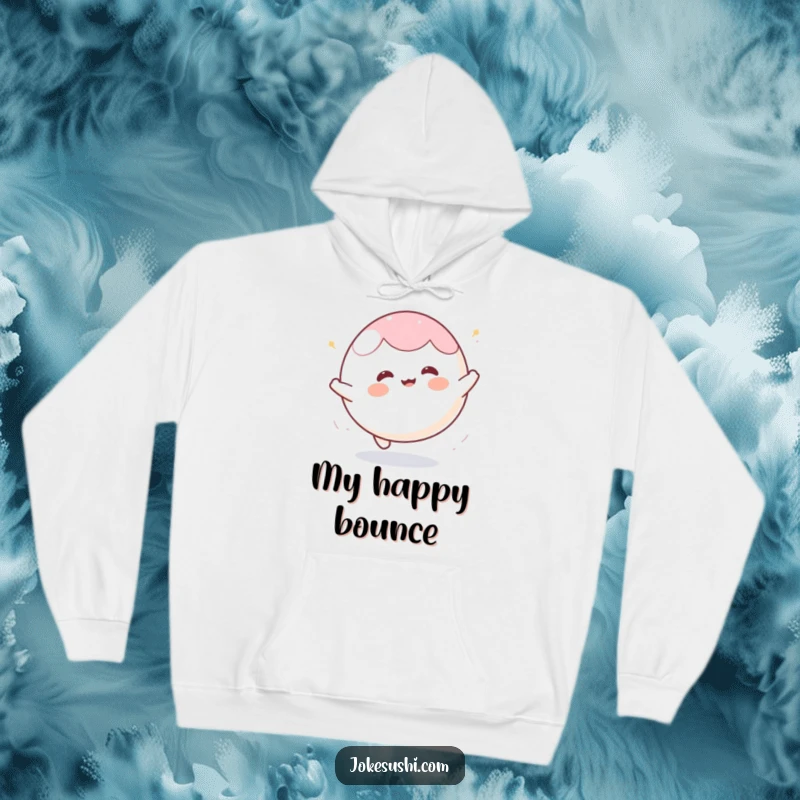 Funny mochi hoodie with a happy character bouncing enthusiastically like a ball, offering warmth and a playful, energetic vibe.