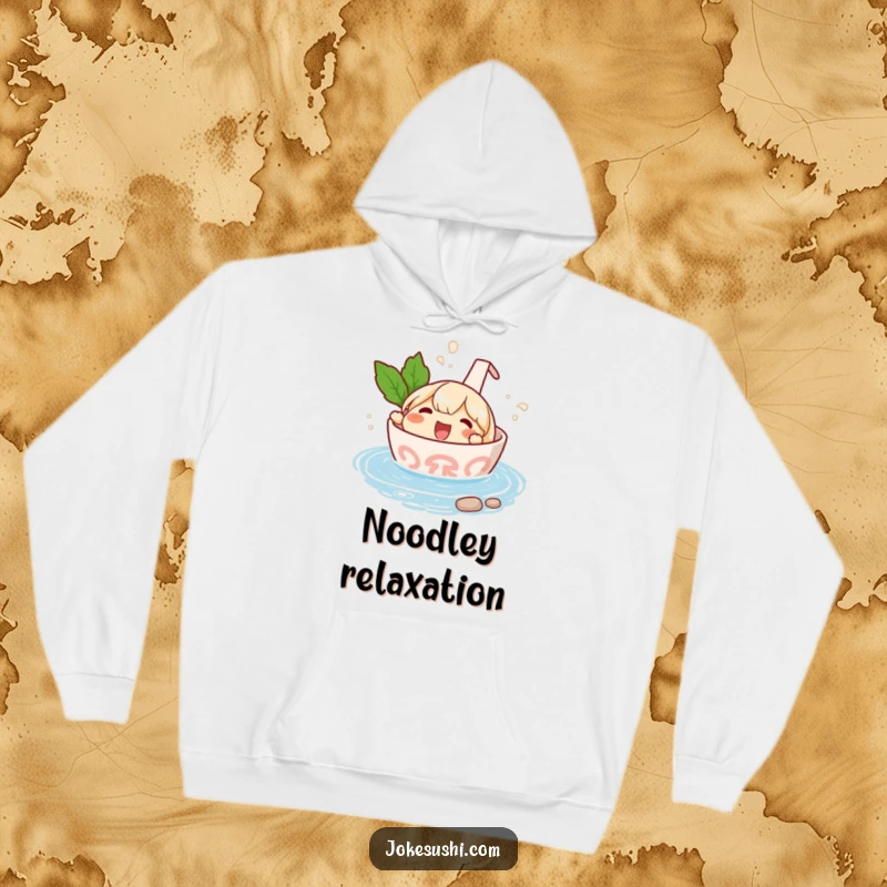 Funny hoodie featuring a delighted ramen bowl character splashing in a cozy miniature hot spring, offering warmth and playful humor.
