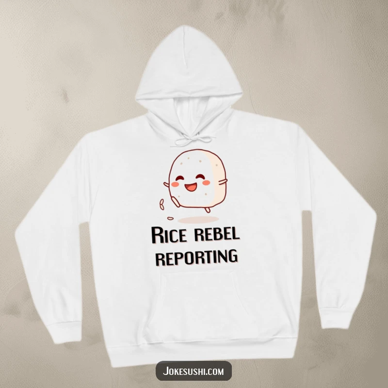Funny hoodie showing a grinning onigiri character playfully kicking a rice grain, a warm and humorous apparel choice.