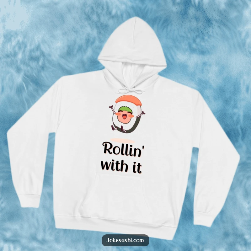 Funny hoodie depicting a smiling sushi roll character with stubby legs joyfully executing a cartwheel with flair.