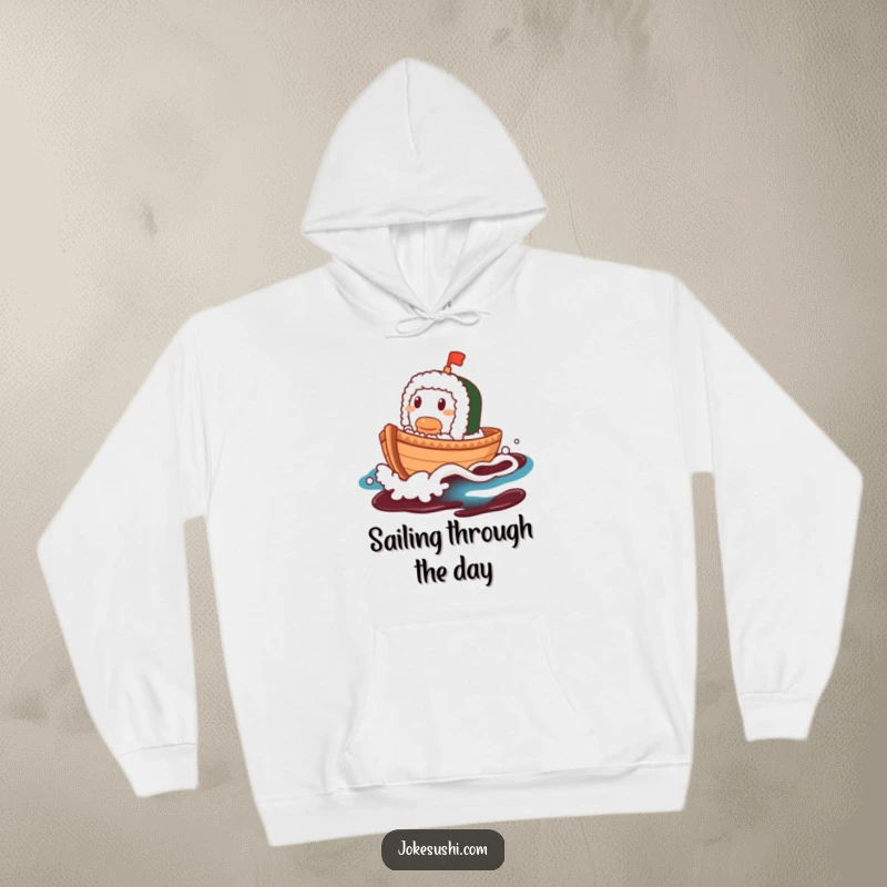 Funny Sushi Boat Hoodie: A contented sushi boat character sailing on a soy sauce wave, showcasing pure bliss.
