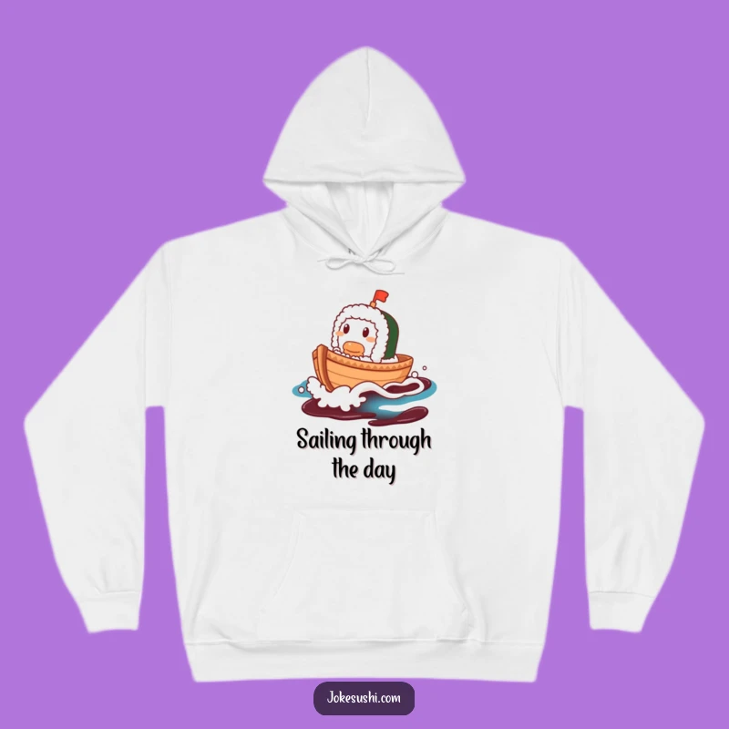 Funny Sushi Boat Hoodie: Cozy Contented Character on Soy Sauce Wave, Great Gift!
