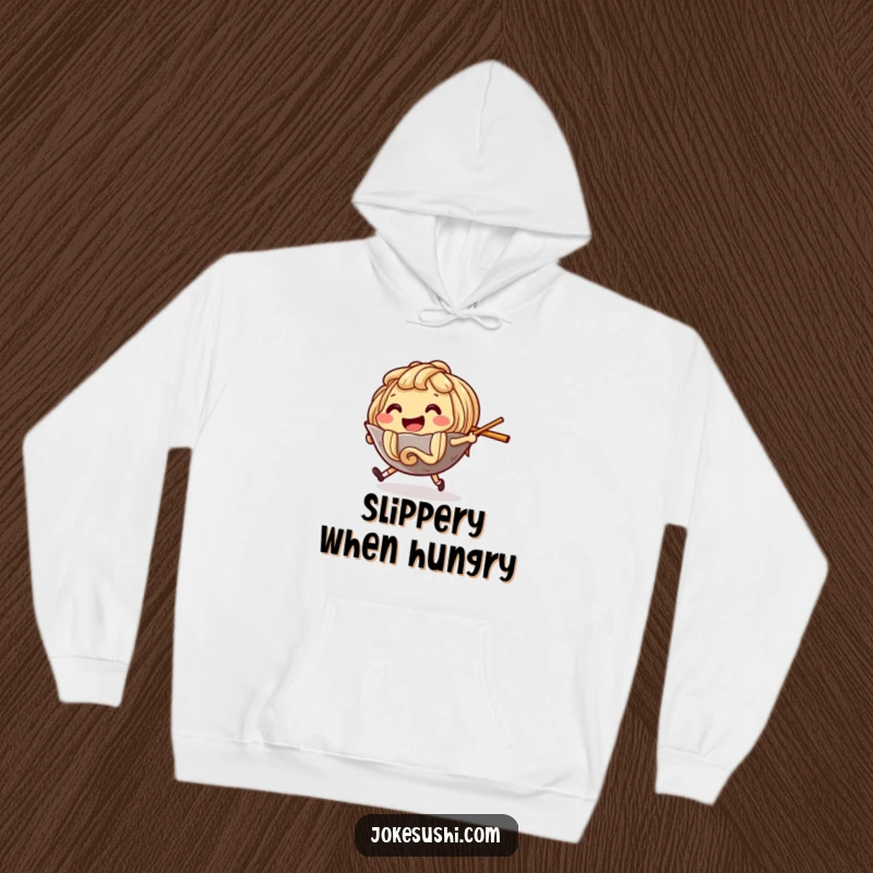 Funny Hoodie with a cheerful ramen noodle character chasing a runaway chopstick, ideal for cozy, humorous wear.
