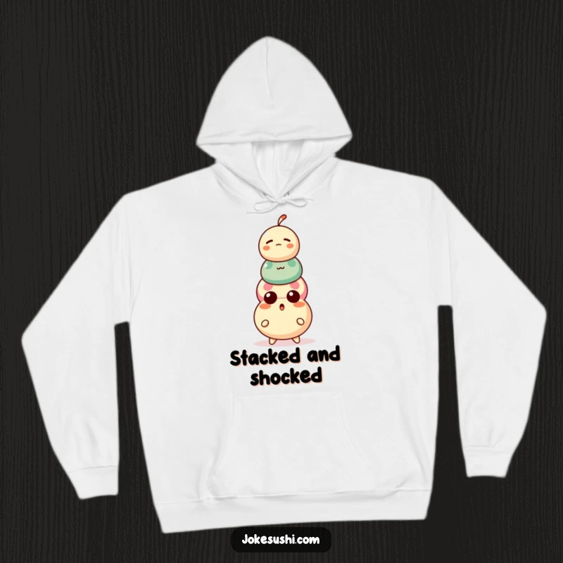 Funny Dango Hoodie: A surprised dango character looking bewildered atop a precariously stacked three-ball treat.