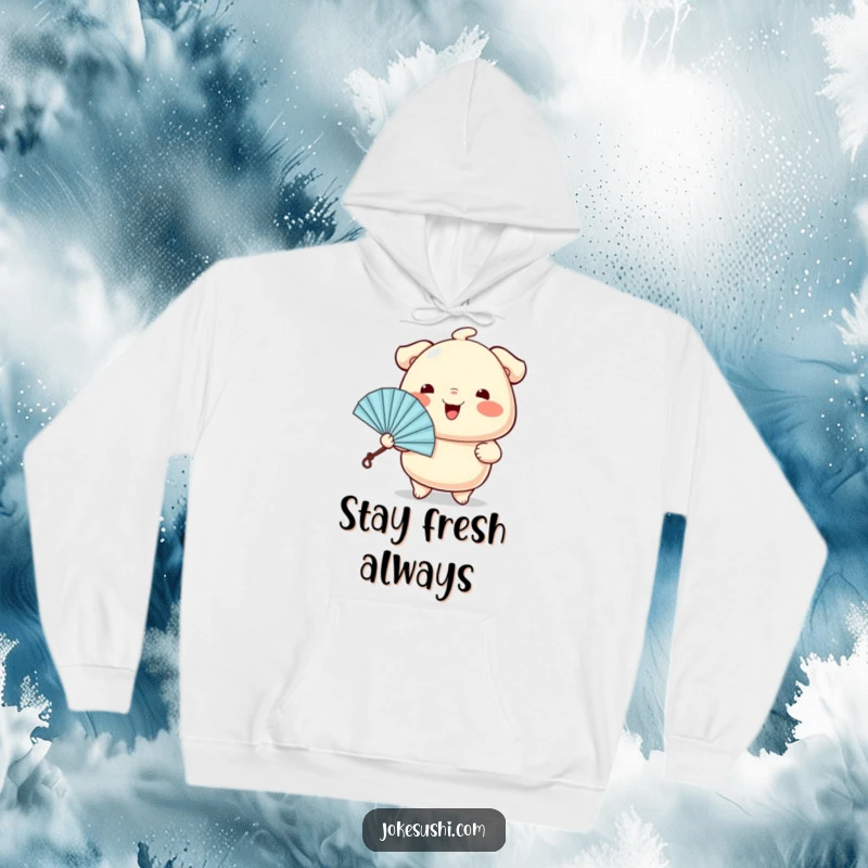 Funny hoodie featuring a wiggling dumpling character cheerily offering a tiny fan, providing warmth and adorable style.