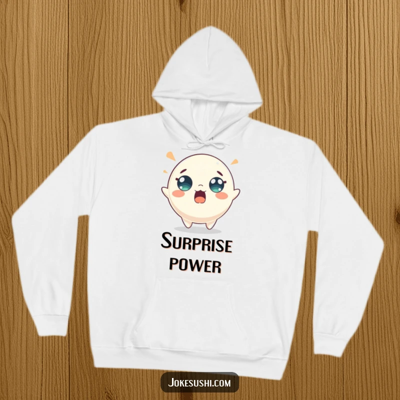 Funny mochi hoodie featuring a surprised character with wide eyes, energetically bouncing with glee. Warm and humorous wear.