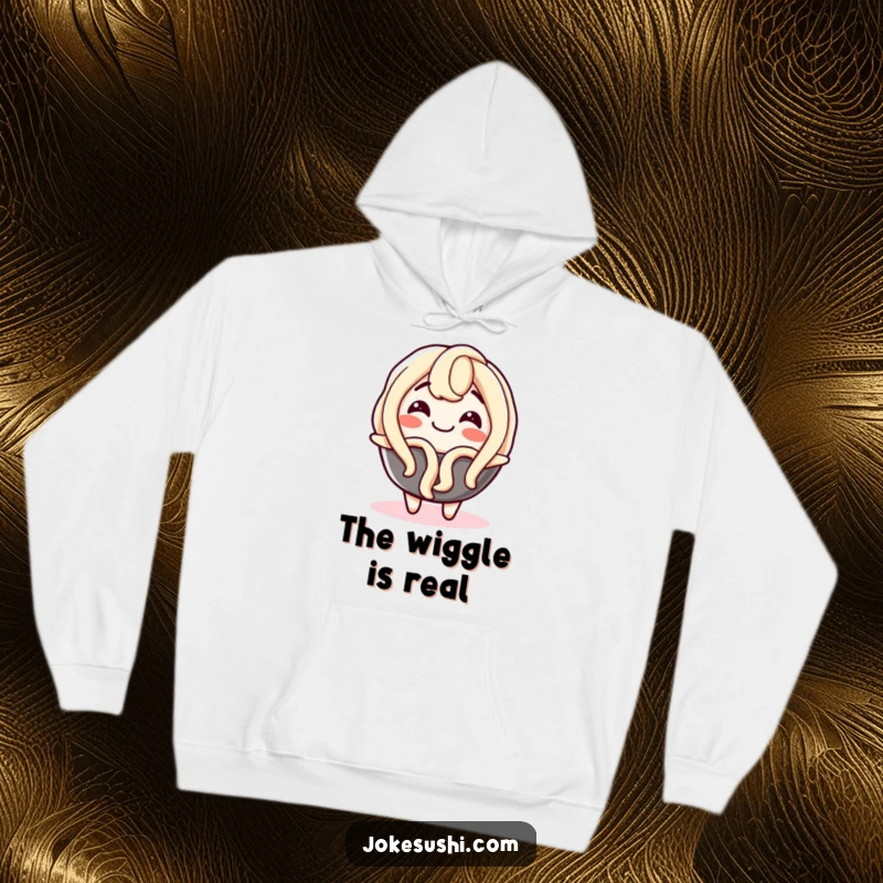 Funny hoodie featuring a delighted udon noodle character wiggling ecstatically, offering cozy comfort and a heavy dose of cartoon humor.