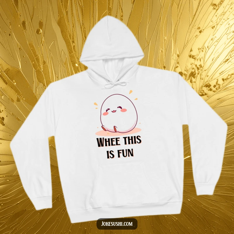 Funny hoodie design of a cute, round mochi character laughing uncontrollably as it wobbles and rolls down a grassy incline.