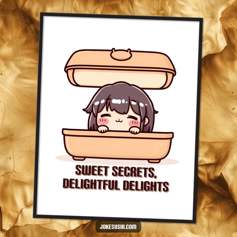 Cute Free Printable Wall Art: A blushing bento box character shyly peeking out from under its lid.