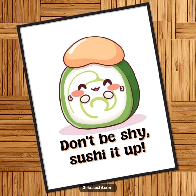 Funny Free Printable wall art: a shy cucumber roll with tiny hands peeking from behind a massive dollop of bright green wasabi.