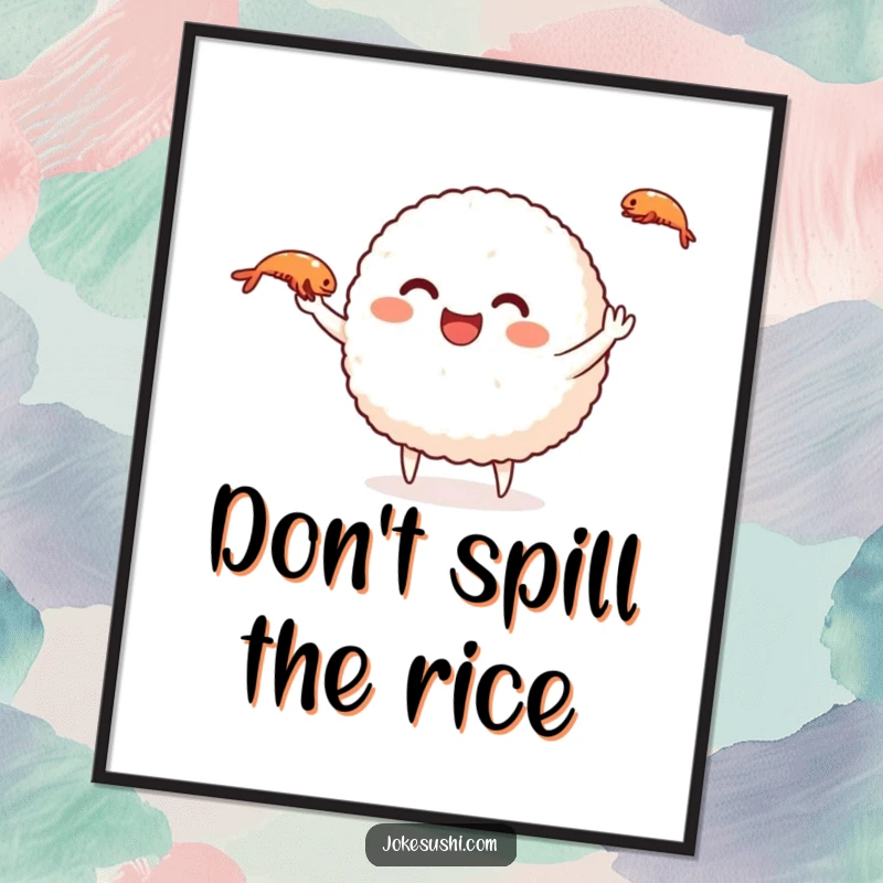 Funny Free Printable Wall Art: A smiling rice ball character skillfully juggling tiny shrimp, adding joy to any room.
