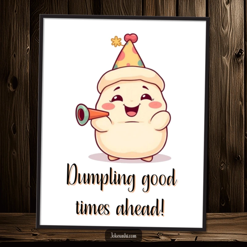 Funny Free Printable Wall Art: Grinning dumpling wearing a party hat, blowing a horn with celebratory flair.