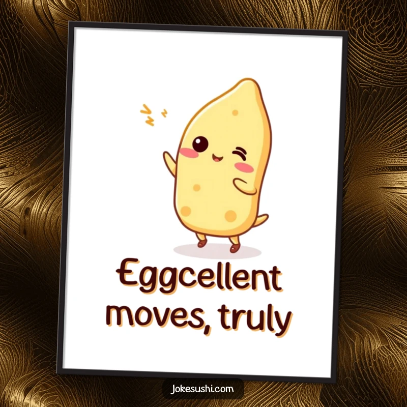 Funny Free Printable Wall Art: A Tamagoyaki character dances energetically, a cheerful and downloadable piece for your decor.