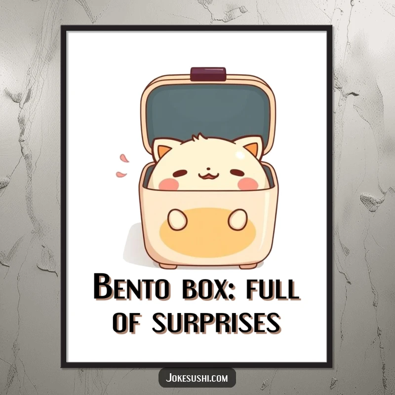Funny Free Printable Wall Art: An anthropomorphic bento box character opens its lid with a delighted gasp, perfect for humorous home decor.