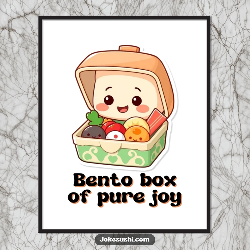 Funny Free Printable Wall Art: A grinning bento box character reveals a happy crew of smiling food items inside, bursting with joy.