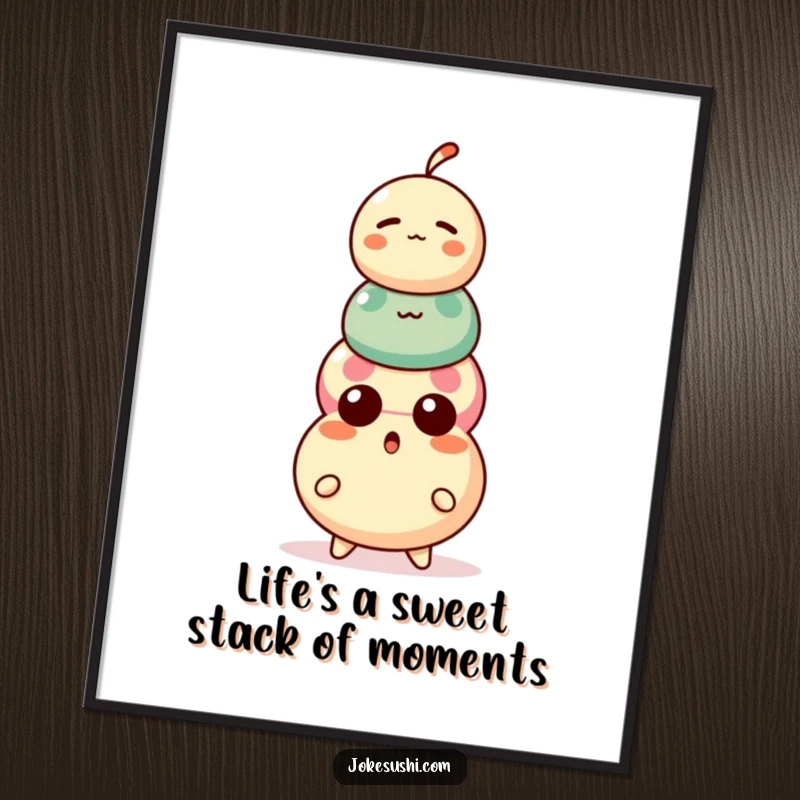 Funny Free Printable Wall Art: A surprised dango character with three precariously stacked balls, adding quirky charm.