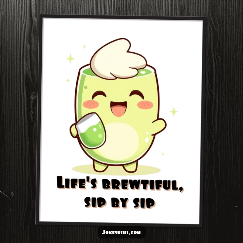 Funny free printable wall art featuring a grinning matcha green tea character cheerfully pouring, adding quirky charm to any room.
