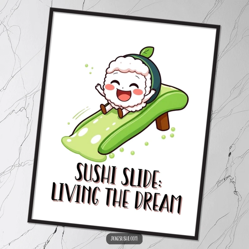 Funny Free Printable Wall Art: A jovial sushi character slides down a green tea slide with glee, bringing playful charm to any room.