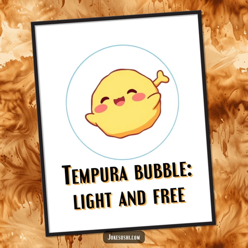 Funny Free Printable Wall Art: A giggling tempura character floats joyfully on a bubble, adding whimsical charm and humor to your walls.