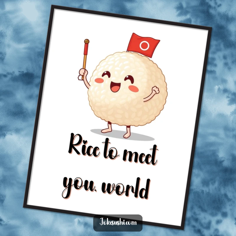 Funny Free Printable Wall Art: An excited anthropomorphic rice ball character waving a miniature flag, bringing joy.