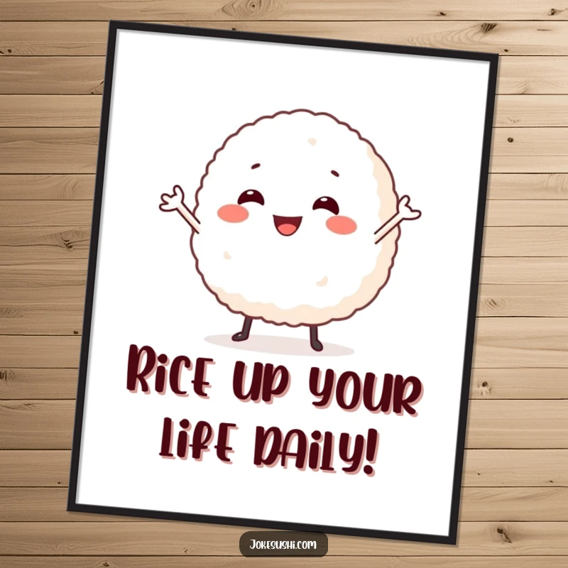 Funny Free Printable Wall Art: Amusing rice ball character with tiny arms performing a joyful, silly dance for happy decor.