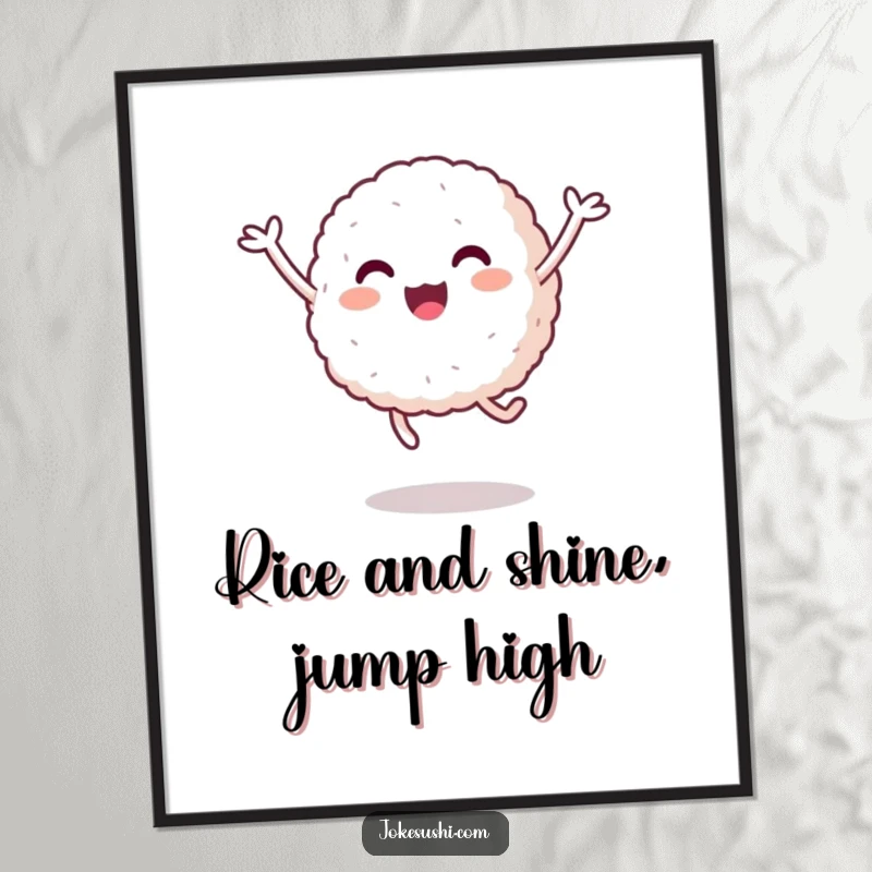 Free Printable Wall Art: A happy rice ball with short arms does a playful jump, creating cheerful and energetic decor.