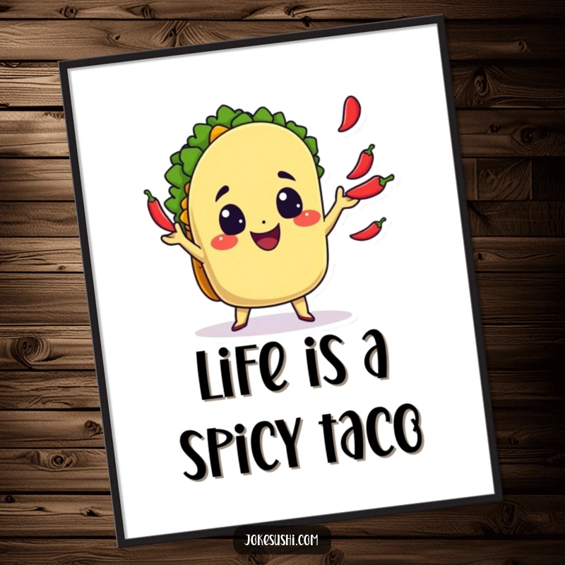 Funny Free Printable Wall Art: A smiling taco character delighting in juggling three tiny chili peppers, vibrant decor.