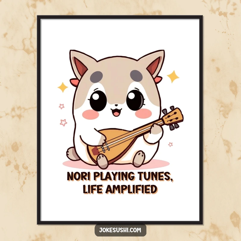Funny Free Printable Wall Art: A nori character with big eyes enthusiastically playing a shamisen, vibrant and musical.