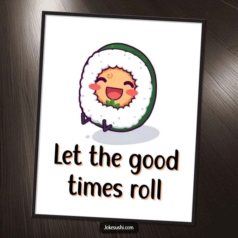 Funny Free Printable Wall Art: A happy sushi roll character with tiny legs, energetically rolling down a grassy hill.