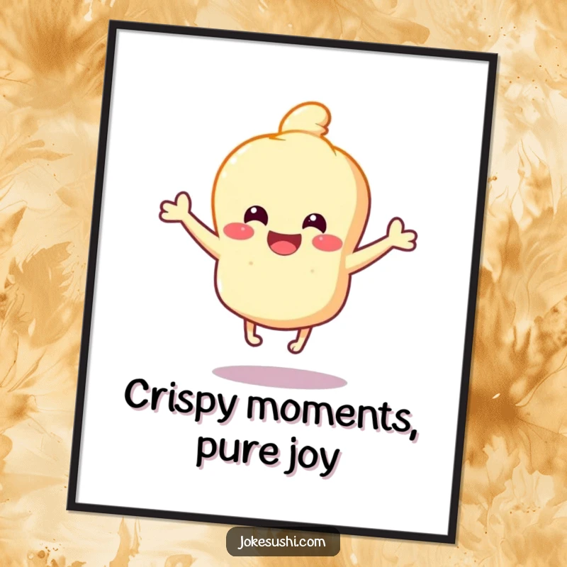 Funny Free Printable Wall Art: A happy tempura character bounces with joy on tiny legs, radiating pure happiness.